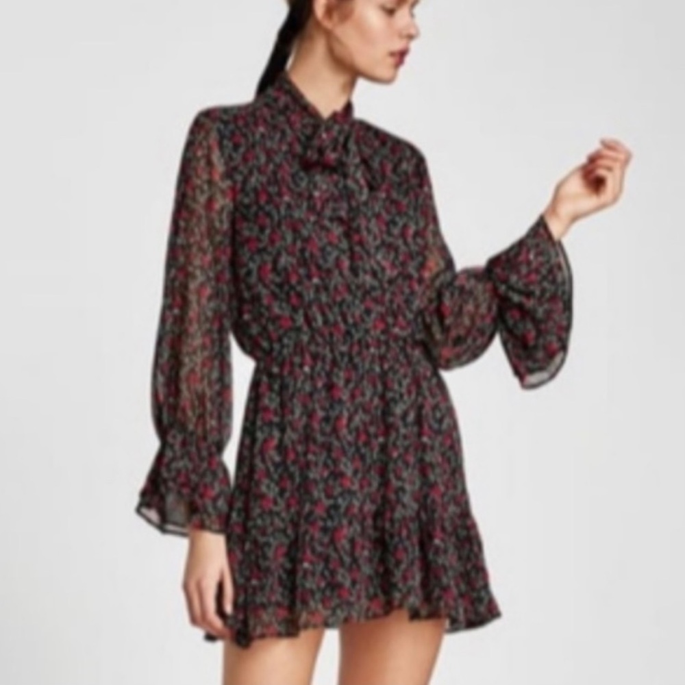 Zara red rose with neck tie dress